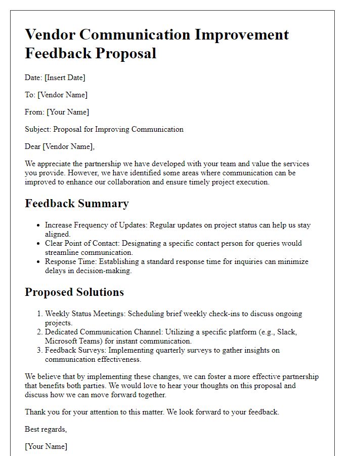 Letter template of vendor communication improvement feedback proposal