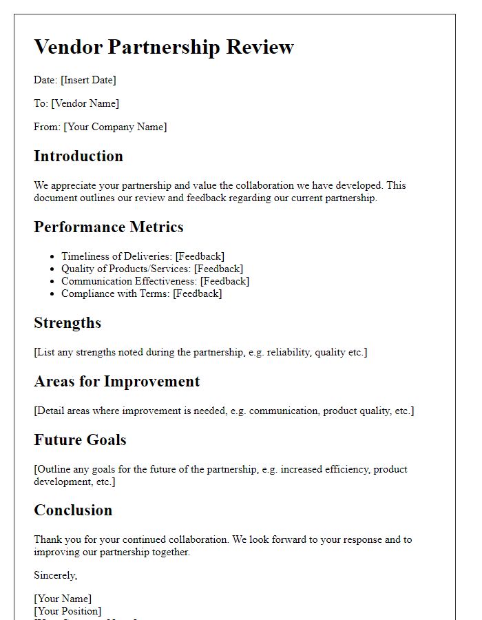 Letter template of vendor partnership review and feedback outline