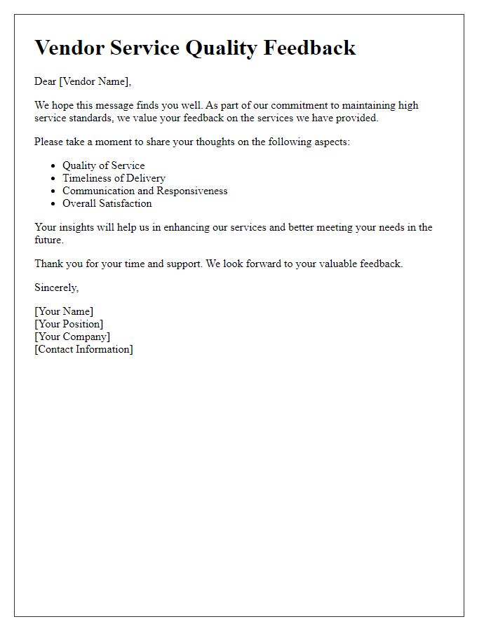 Letter template of vendor service quality feedback solicitation