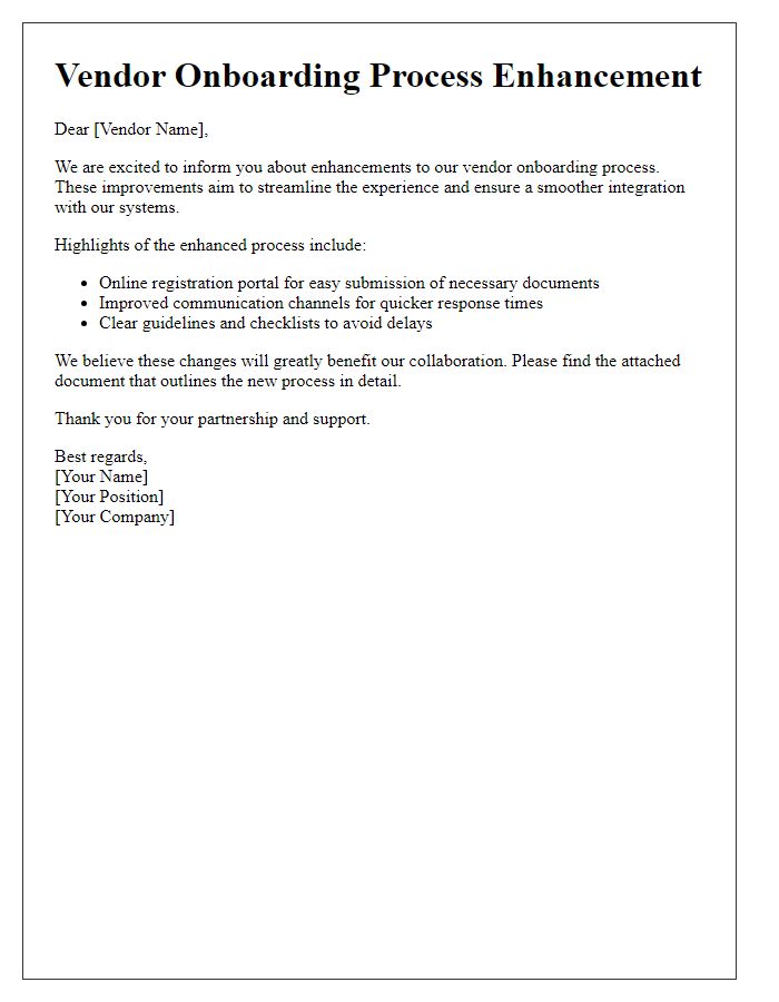 Letter template of vendor onboarding process enhancement