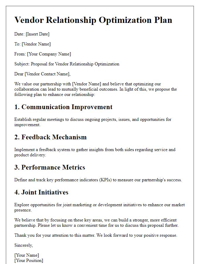 Letter template of vendor relationship optimization plan