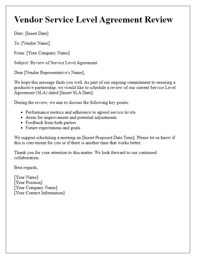 Letter template of vendor service level agreement review