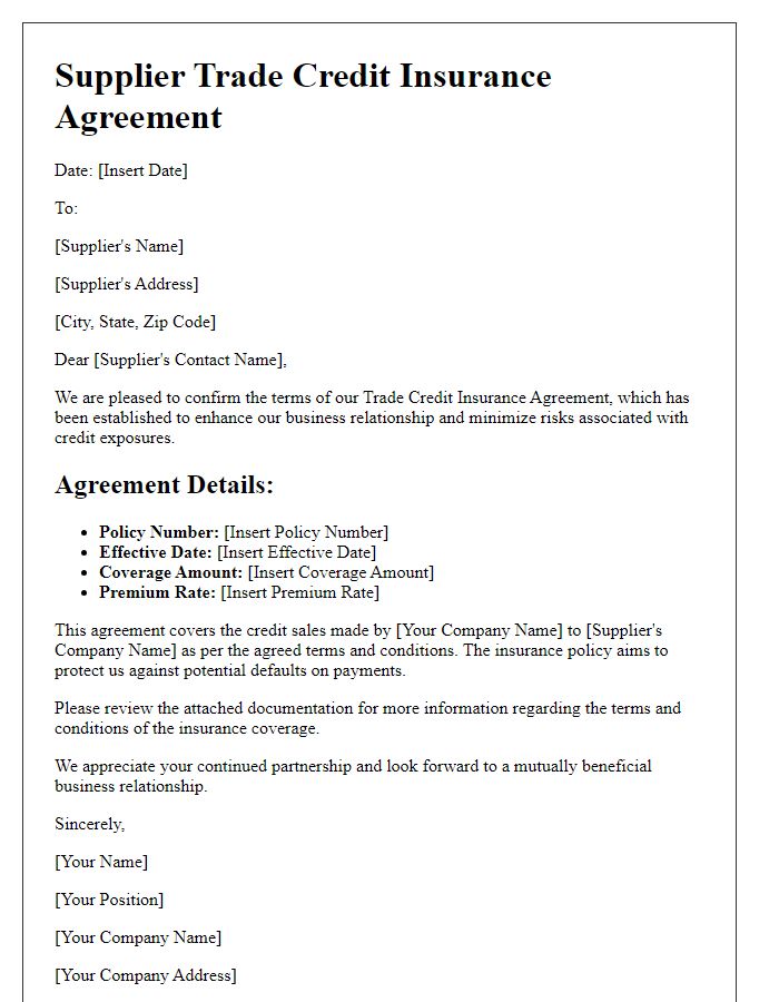 Letter template of supplier trade credit insurance agreement