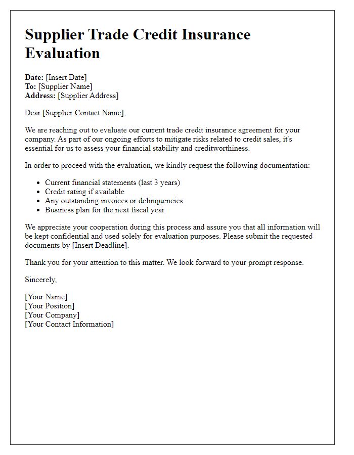 Letter template of supplier trade credit insurance evaluation