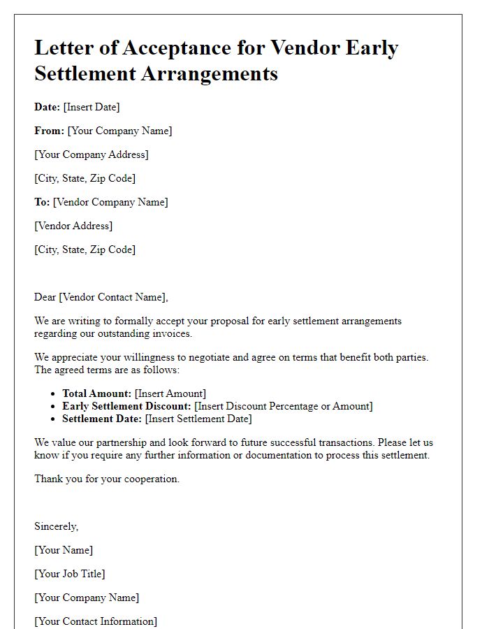 Letter template of acceptance for vendor early settlement arrangements