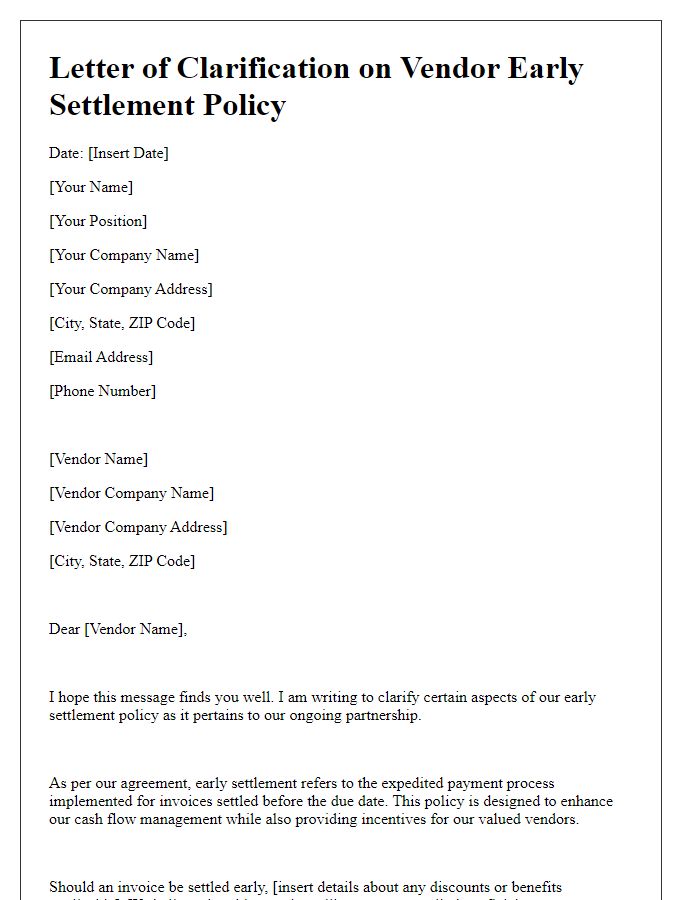 Letter template of clarification on vendor early settlement policy