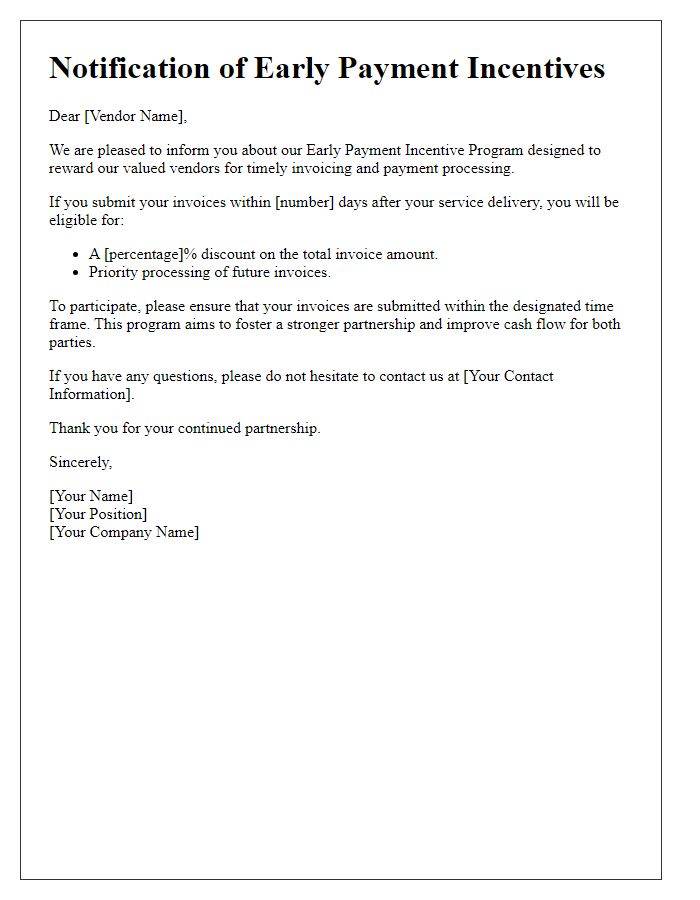 Letter template of notification for vendor early payment incentives