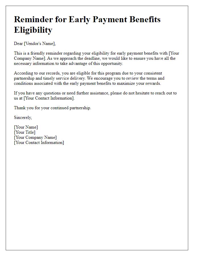 Letter template of reminder for vendor early payment benefits eligibility