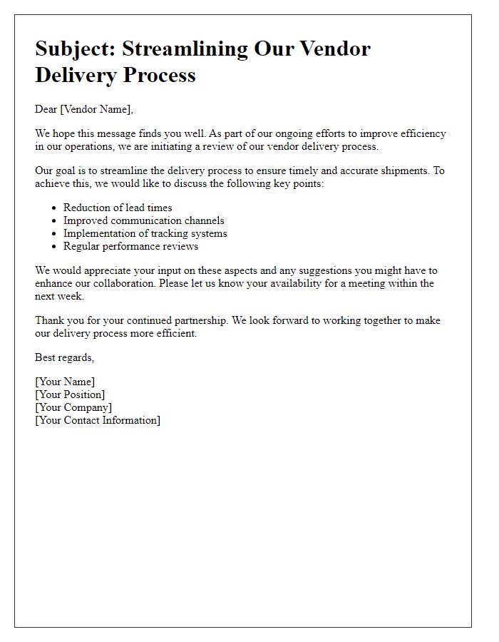 Letter template of vendor delivery process streamlining