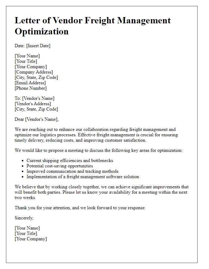 Letter template of vendor freight management optimization