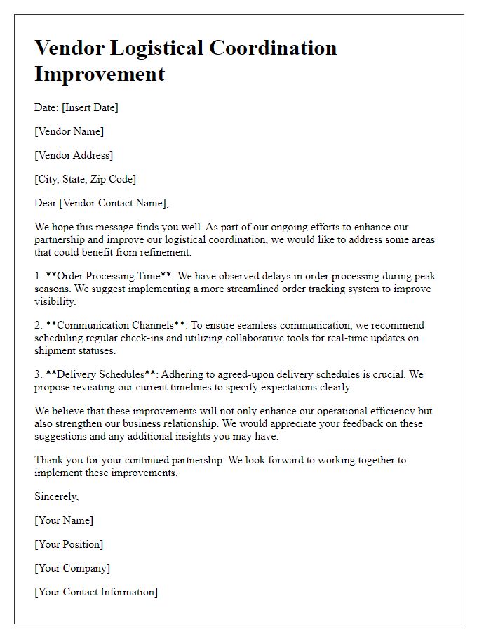 Letter template of vendor logistical coordination improvement