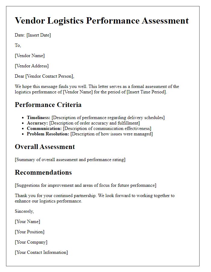 Letter template of vendor logistics performance assessment