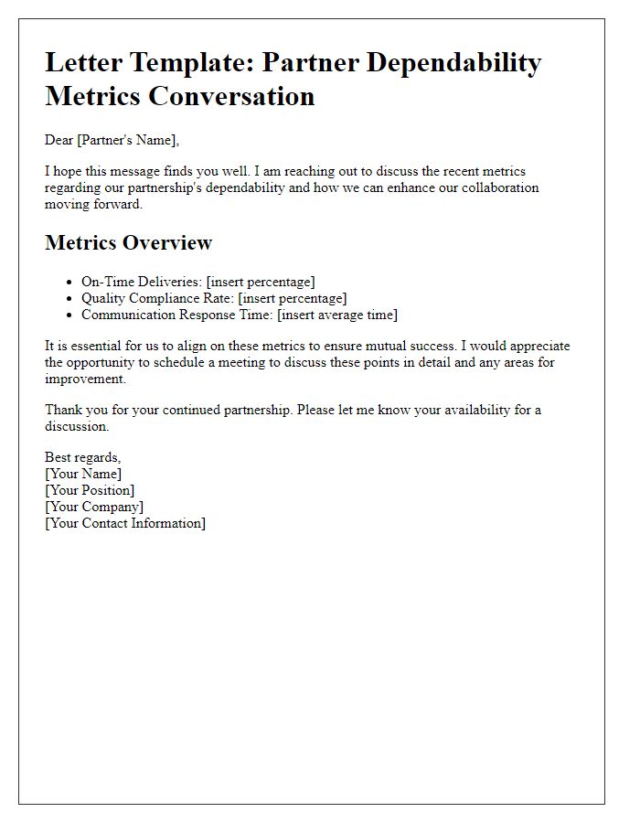 Letter template of partner dependability metrics conversation