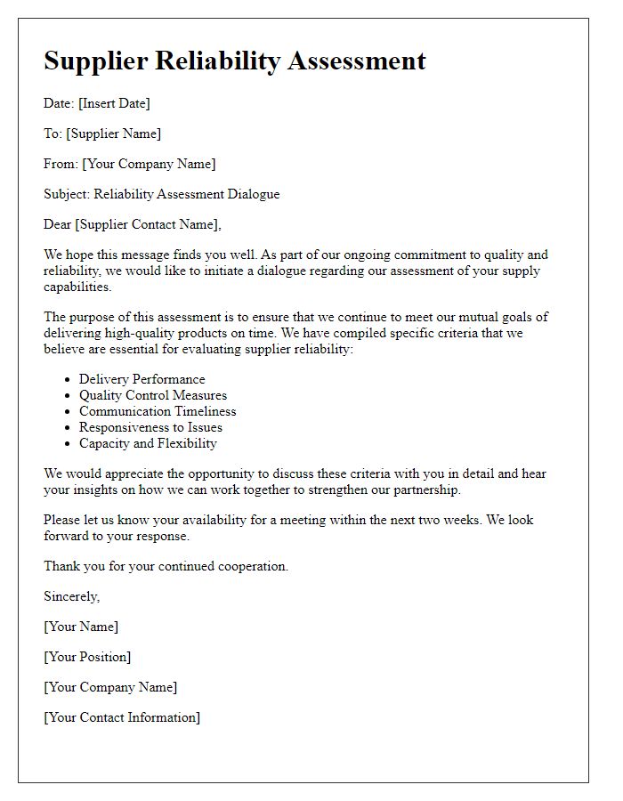 Letter template of supplier reliability assessment dialogue