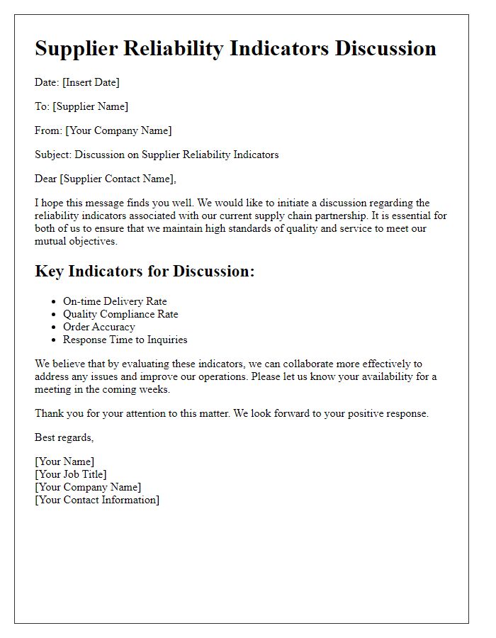 Letter template of supplier reliability indicators discussion