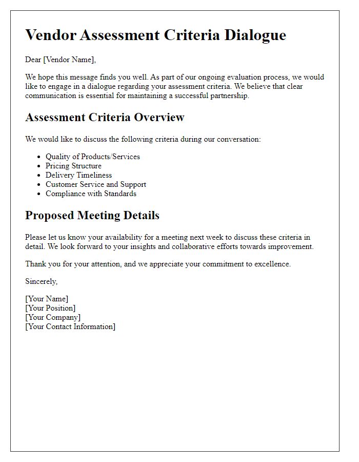 Letter template of vendor assessment criteria dialogue