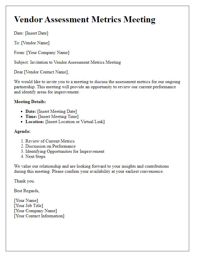 Letter template of vendor assessment metrics meeting