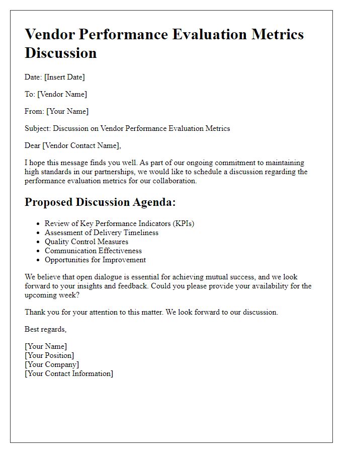 Letter template of vendor performance evaluation metrics discussion