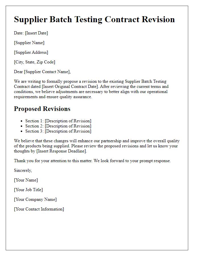 Letter template of supplier batch testing contract revision