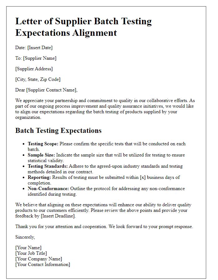 Letter template of supplier batch testing expectations alignment