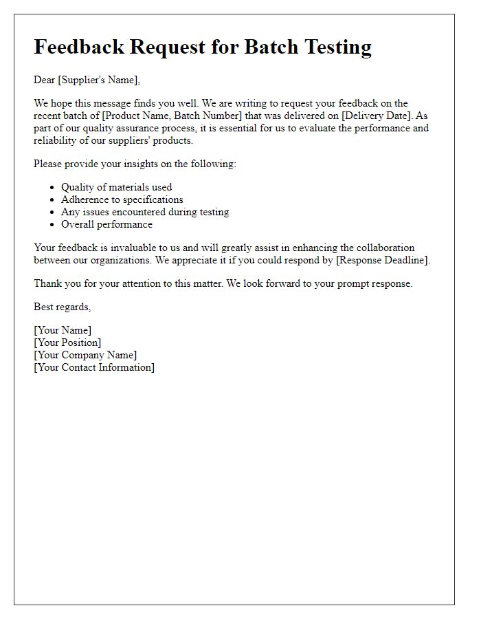 Letter template of supplier batch testing feedback request