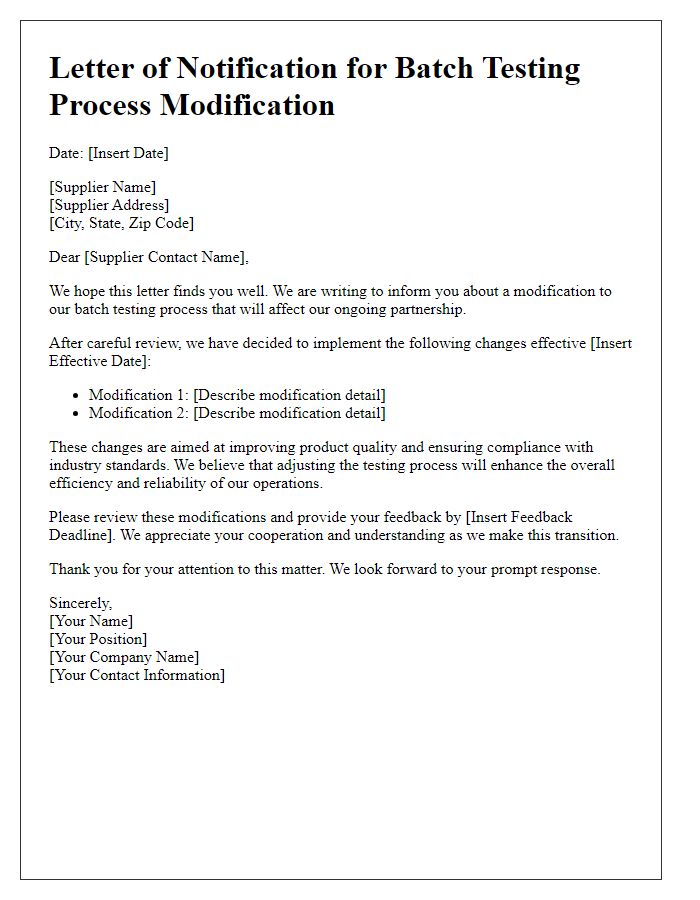 Letter template of supplier batch testing process modification