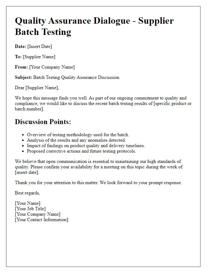 Letter template of supplier batch testing quality assurance dialogue