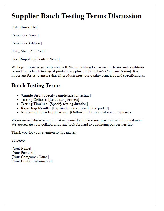 Letter template of supplier batch testing terms discussion