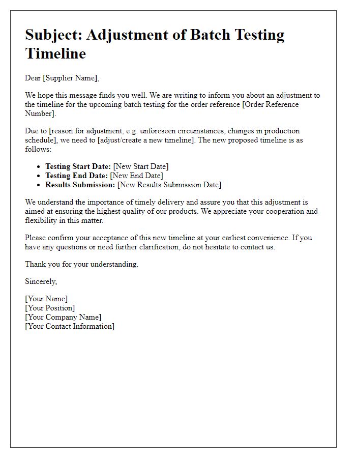 Letter template of supplier batch testing timeline adjustment