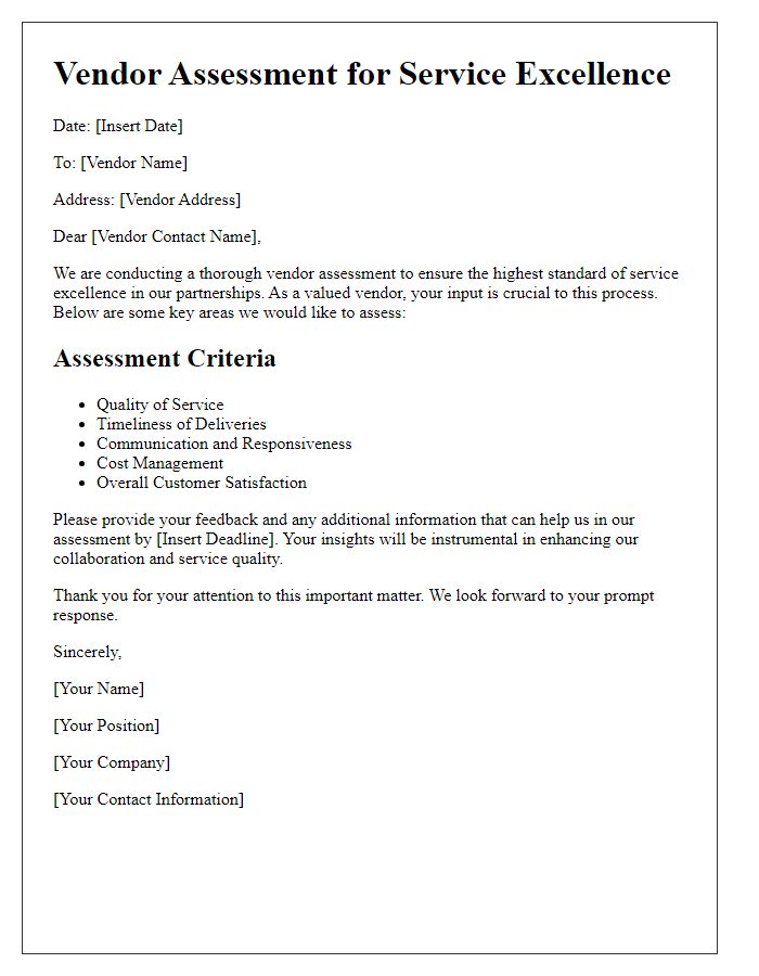 Letter template of vendor assessment for service excellence