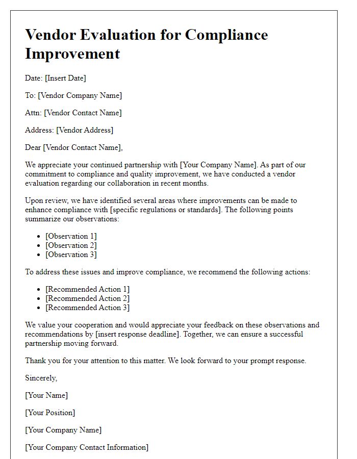 Letter template of vendor evaluation for compliance improvement