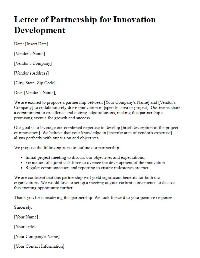 Letter template of vendor partnership for innovation development