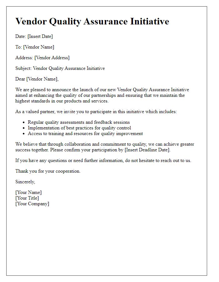 Letter template of vendor quality assurance initiative