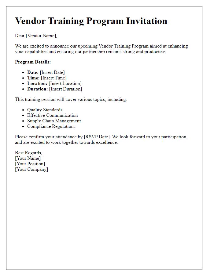 Letter template of vendor training program for capability enhancement