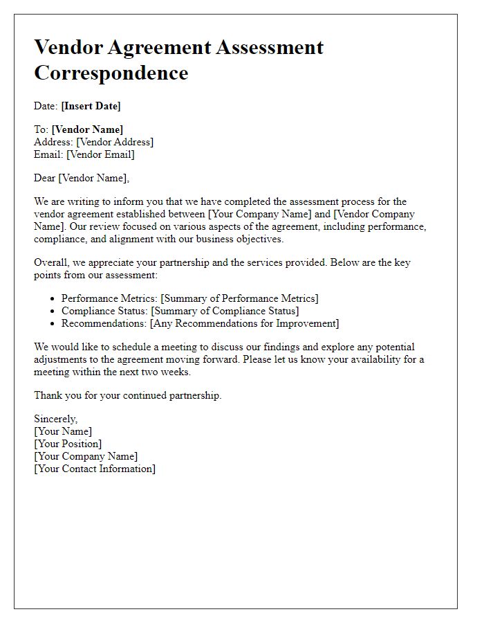 Letter template of vendor agreement assessment correspondence