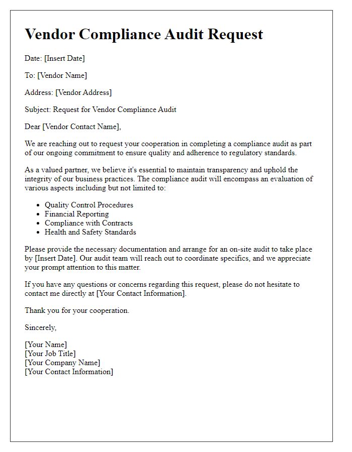 Letter template of vendor compliance audit request