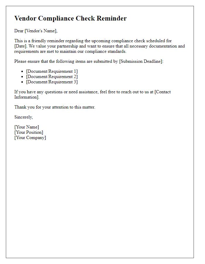 Letter template of vendor compliance check reminder