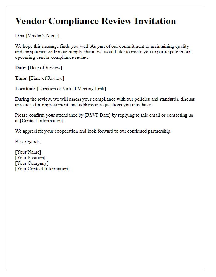 Letter template of vendor compliance review invitation