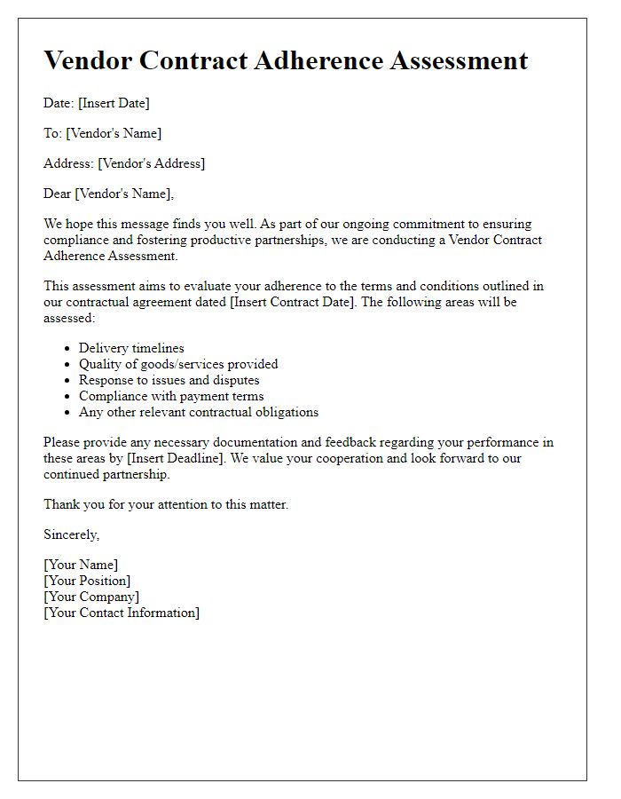 Letter template of vendor contract adherence assessment