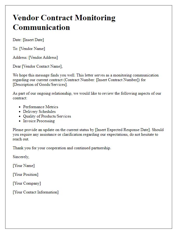 Letter template of vendor contract monitoring communication