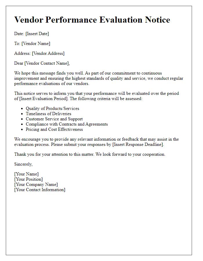 Letter template of vendor performance evaluation notice