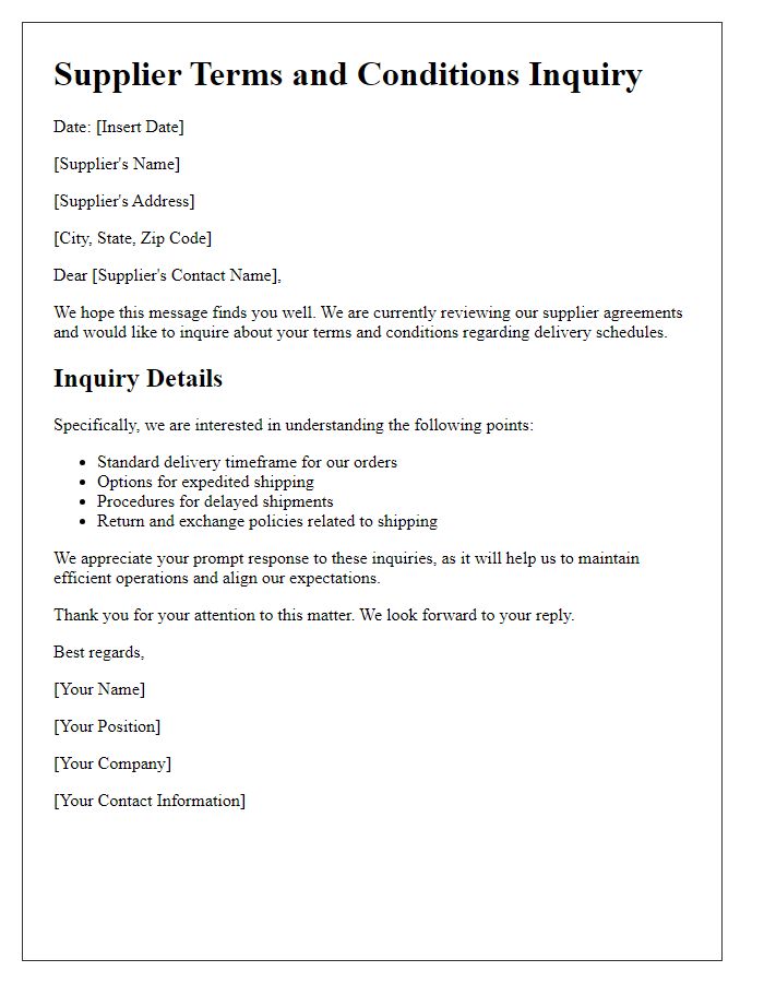 Letter template of Supplier Terms and Conditions Inquiry for Delivery Schedules