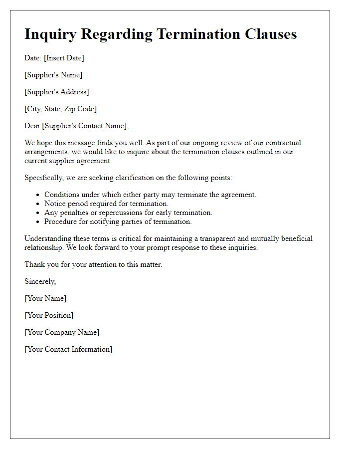 Letter template of Supplier Terms and Conditions Inquiry for Termination Clauses