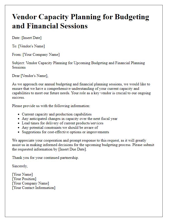 Letter template of vendor capacity planning for budgeting and financial planning sessions