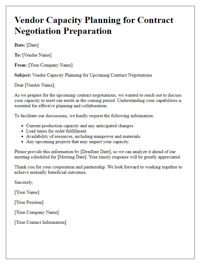 Letter template of vendor capacity planning for contract negotiation preparation