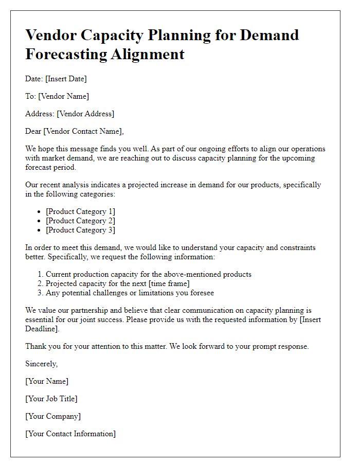 Letter template of vendor capacity planning for demand forecasting alignment