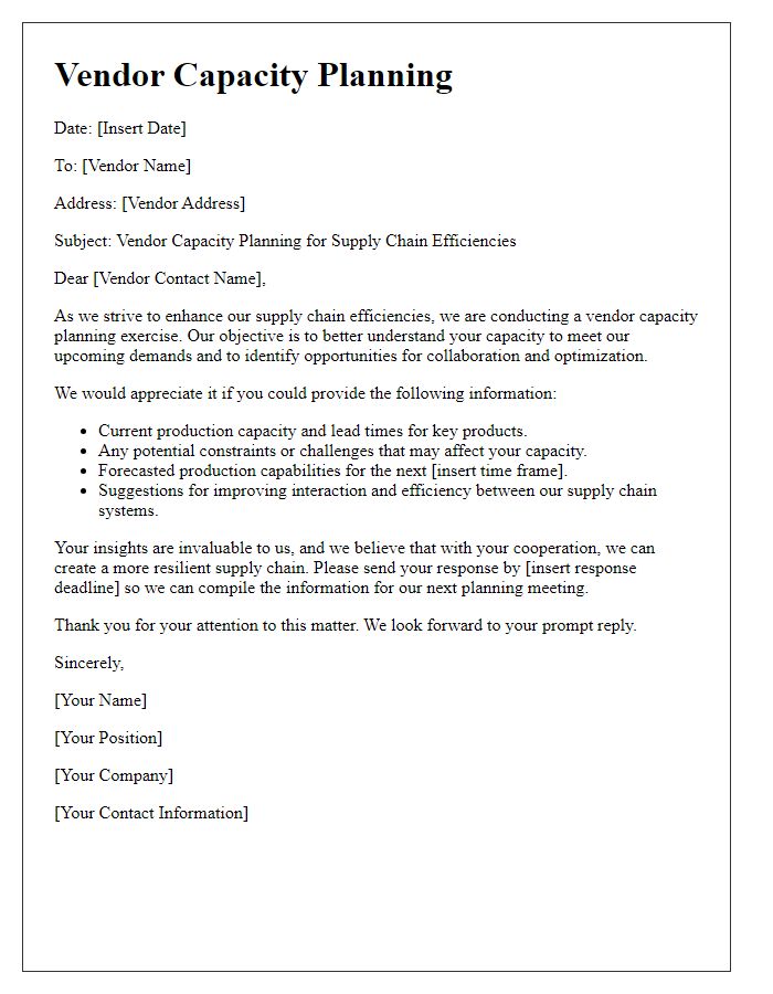 Letter template of vendor capacity planning for identifying supply chain efficiencies