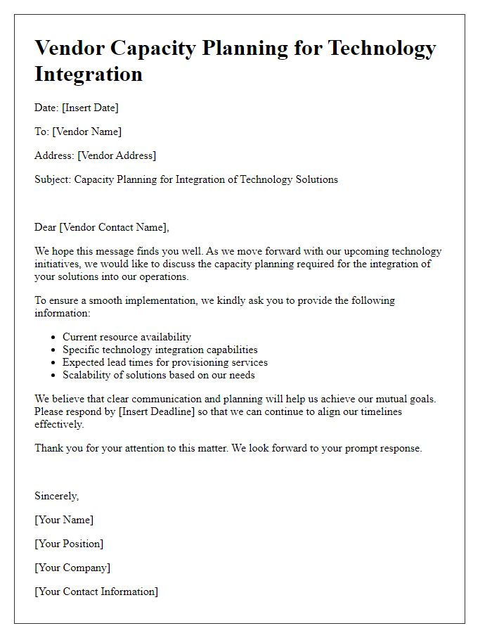 Letter template of vendor capacity planning for integration of technology solutions