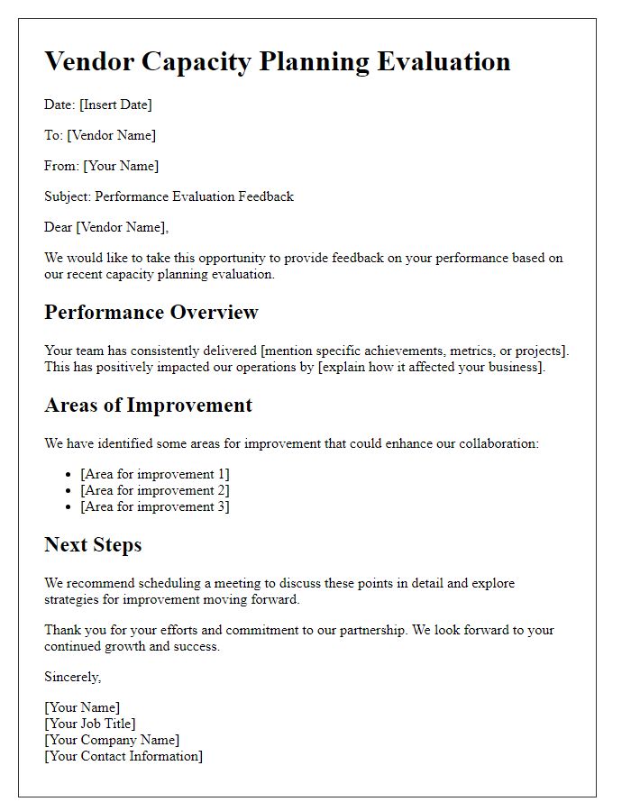 Letter template of vendor capacity planning for performance evaluation feedback