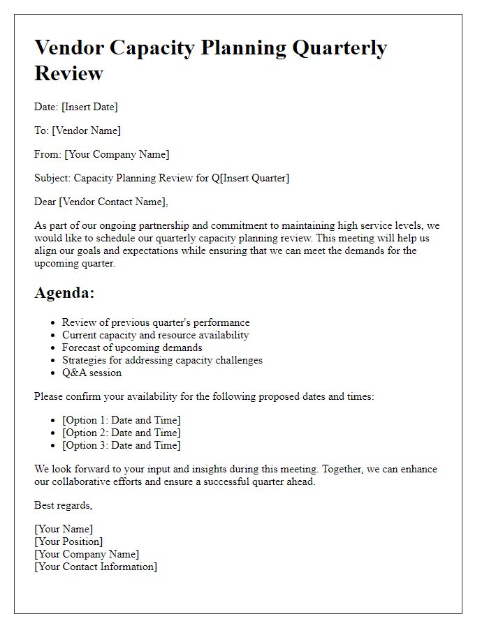 Letter template of vendor capacity planning for quarterly review meetings